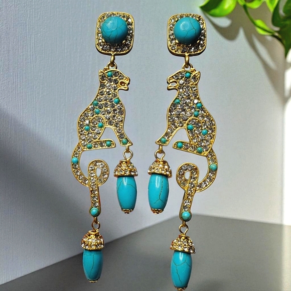Designer Jewelry - Gold Panther Leopard Massive Turquoise Crystal Dangle Earrings